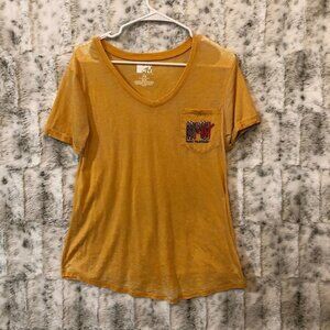 MTV T Shirt Women's - Size XS -2019- Honey Gold with Cheetah Print Pocket Sheer